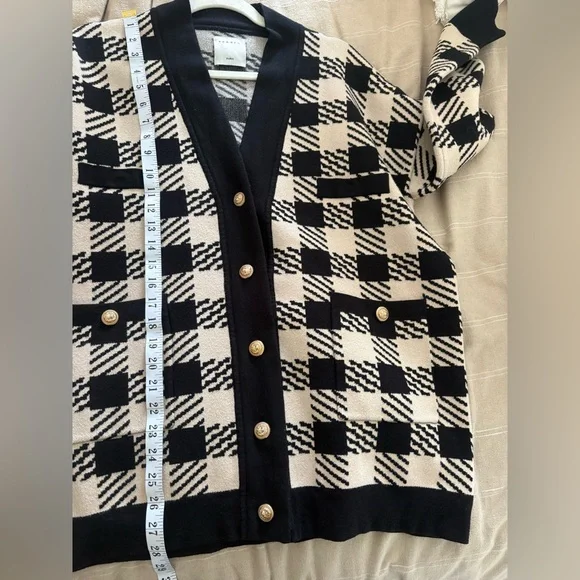 Sandro Checkered Knit Cardigan oversized Black Cream Gold Button V‑neck - Picture 6 of 7
